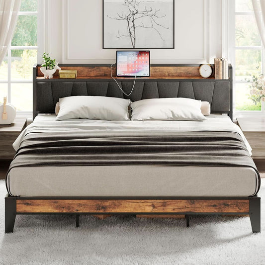 King Size Bed Frame With Storage Headboard And USB Charging Ports