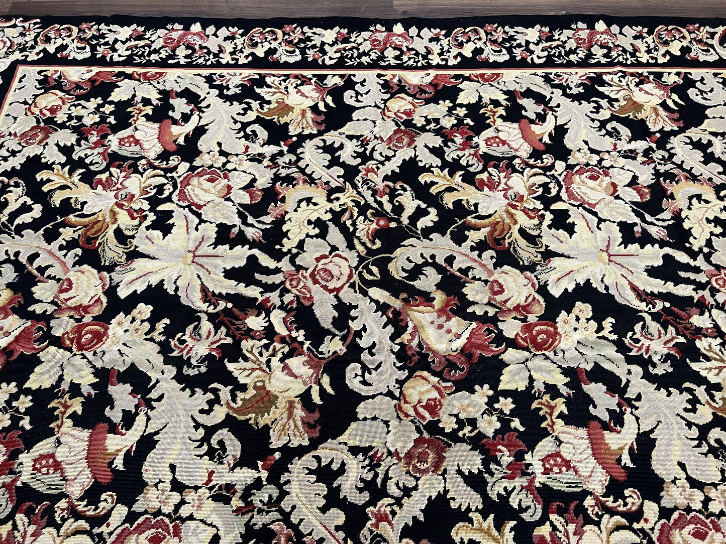 Wool Needlepoint Rug 9x12, William Morris Vintage Chinese Needlepoint Carpet 9 x 12, Handwoven, Allover Floral Area Rug, Black Light Green