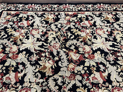 Wool Needlepoint Rug 9x12, William Morris Vintage Chinese Needlepoint Carpet 9 x 12, Handwoven, Allover Floral Area Rug, Black Light Green