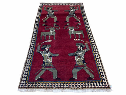 3 X 6 Handmade Wool Rug Tribal Balouch Warriors Deer Animal Pictorial Red Swords