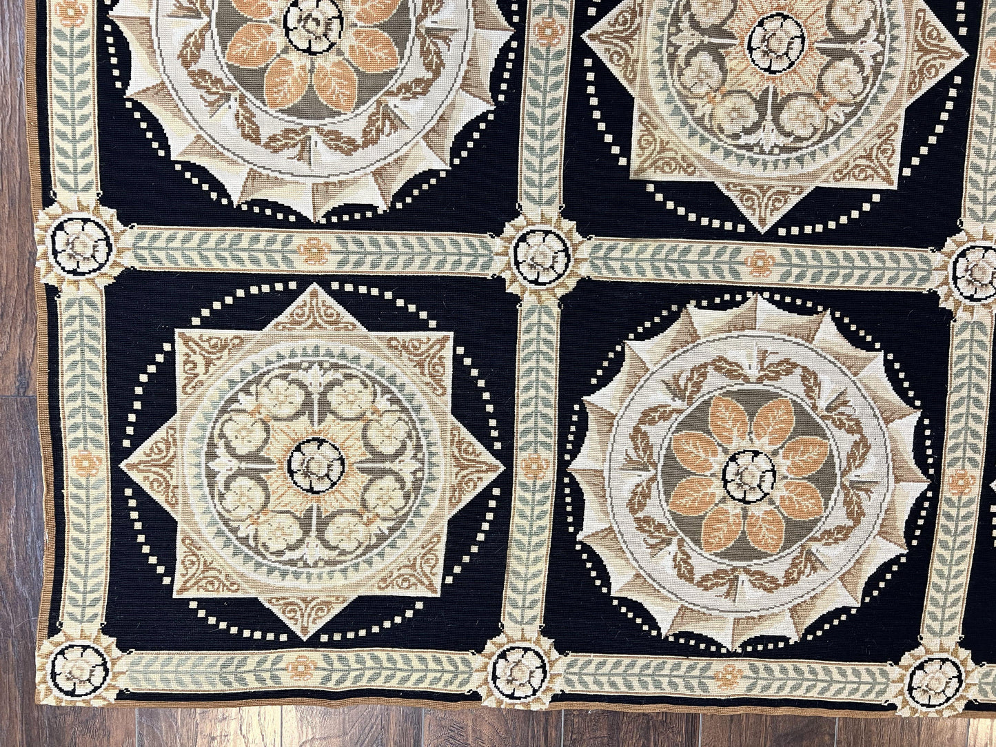 Needlepoint Rug 8x10, Black Tan Beige, Panel Design, Wool Handwoven Handmade Flatweave Needlepoint Carpet, Vintage French European Rug