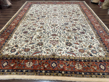 Indo Persian Rug 9x12, Ivory and Red, Traditional Wool Oriental Carpet