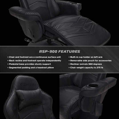 900 Gaming Recliner Black With Adjustable Leg Rest Cupholder