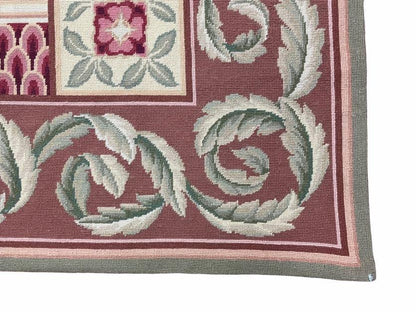 Traditional Aubusson Needlepoint Rug 9 x 12, Flowers, Flatweave Carpet, Hand-Knotted, Brand New, Cream Color, Green, Maroon Red, Wool