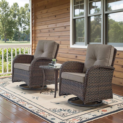 Brown Wicker Swivel Patio Set 2 Chairs Glass Table