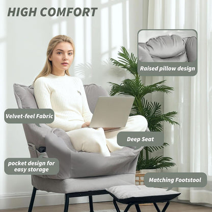 Fabric Lounge Chair With Ottoman Light Gray Overstuffed Padding