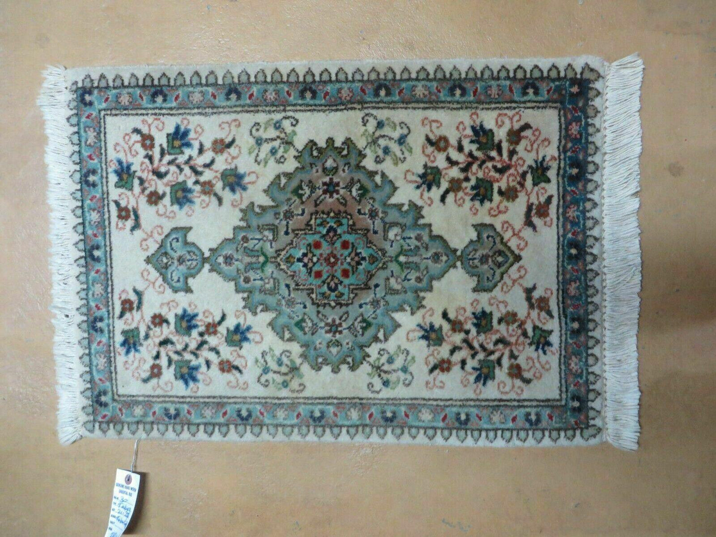 1' 9" X 2' 5" Handmade Indian Wool Rug Lahore Floral Design Small Oriental Rug Beige & Teal