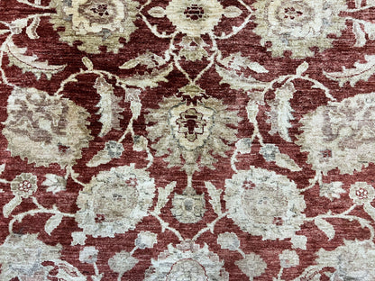 Pak Persian Rug 10x14, Sultanabad Mahal Peshawar Chobi Carpet, Large Vintage Wool Oriental Rug, Maroon & Beige, Floral Allover, Handmade