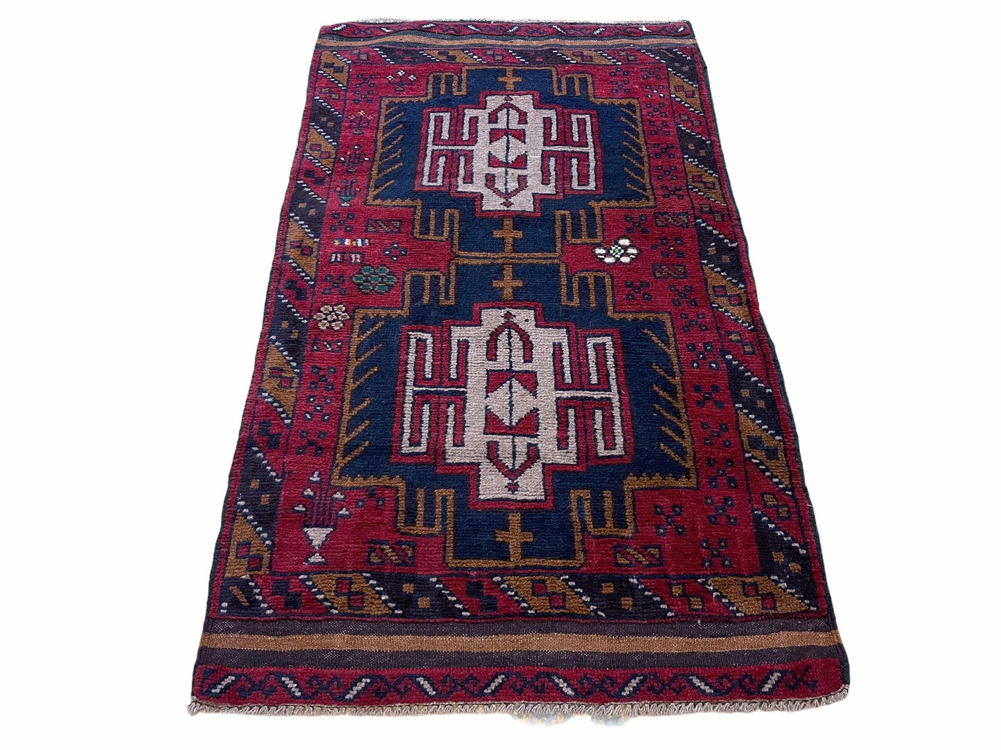 2' 9" X 4' 7" Vintage Handmade Tribal Wool Rug Balouchi Rug Afghan Rug Red Beige