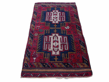 2' 9" X 4' 7" Vintage Handmade Tribal Wool Rug Balouchi Rug Afghan Rug Red Beige