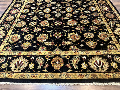 Indo Persian Mahal Rug 8x10, Black and Gold, Wool Hand Knotted Oriental Carpet