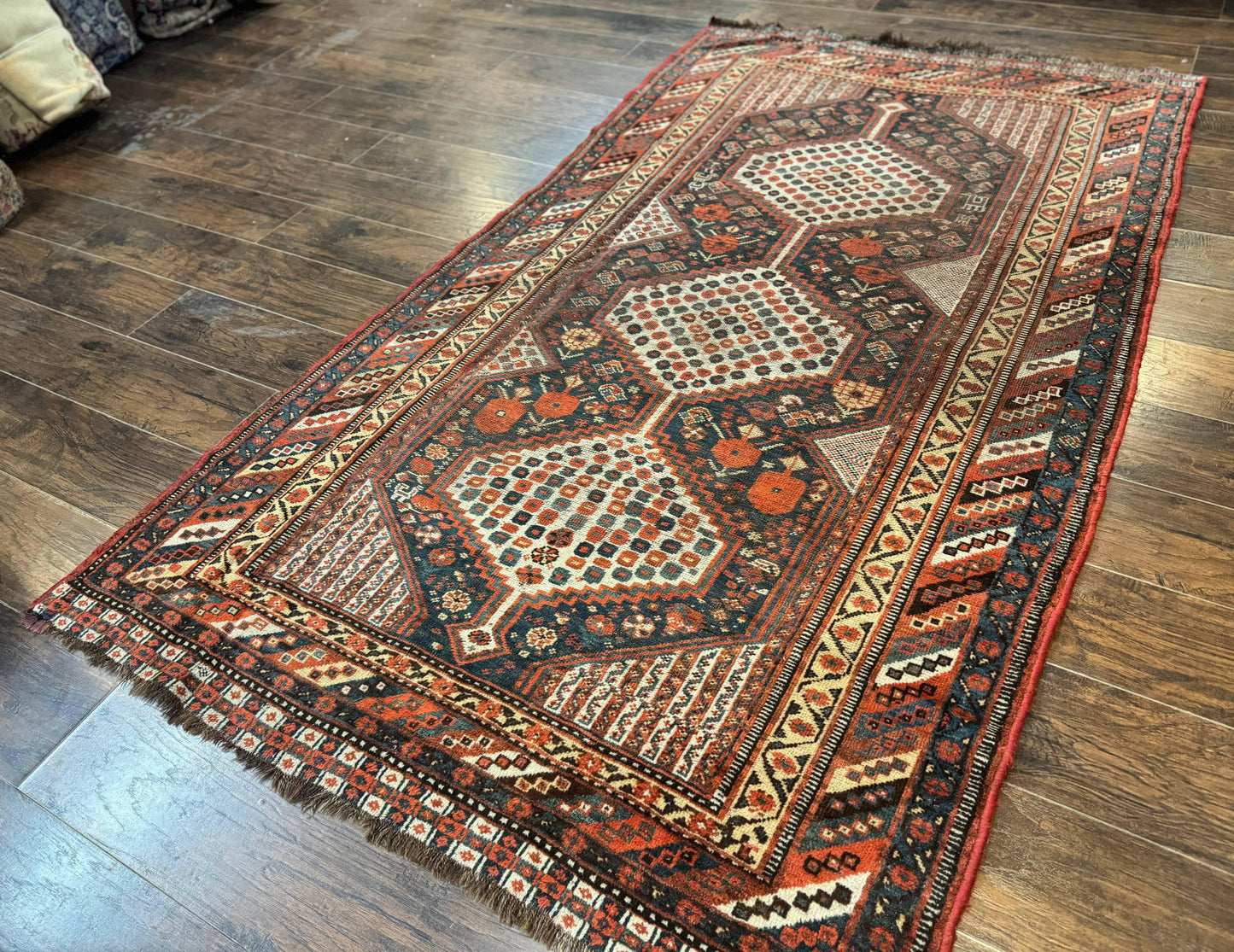 Antique Persian Shiraz Rug 5x8, Khamseh Tribal Wool 1920s Carpet, Navy Blue