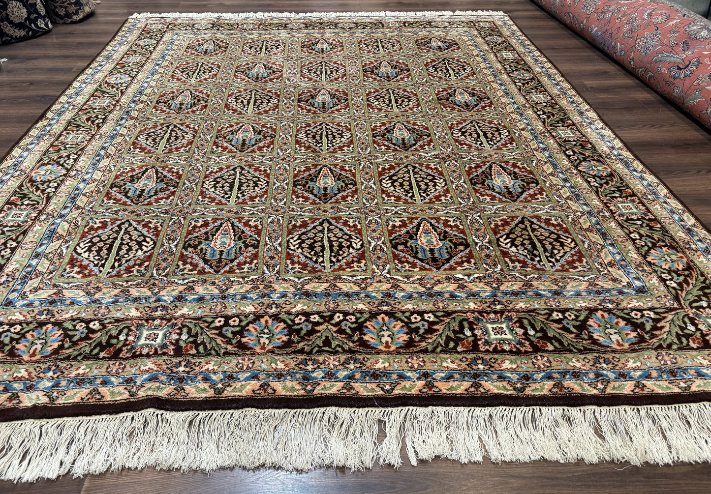 Sino Persian Rug 8x10, Panel Design, Brown, Multicolor, Wool, Cedar Trees