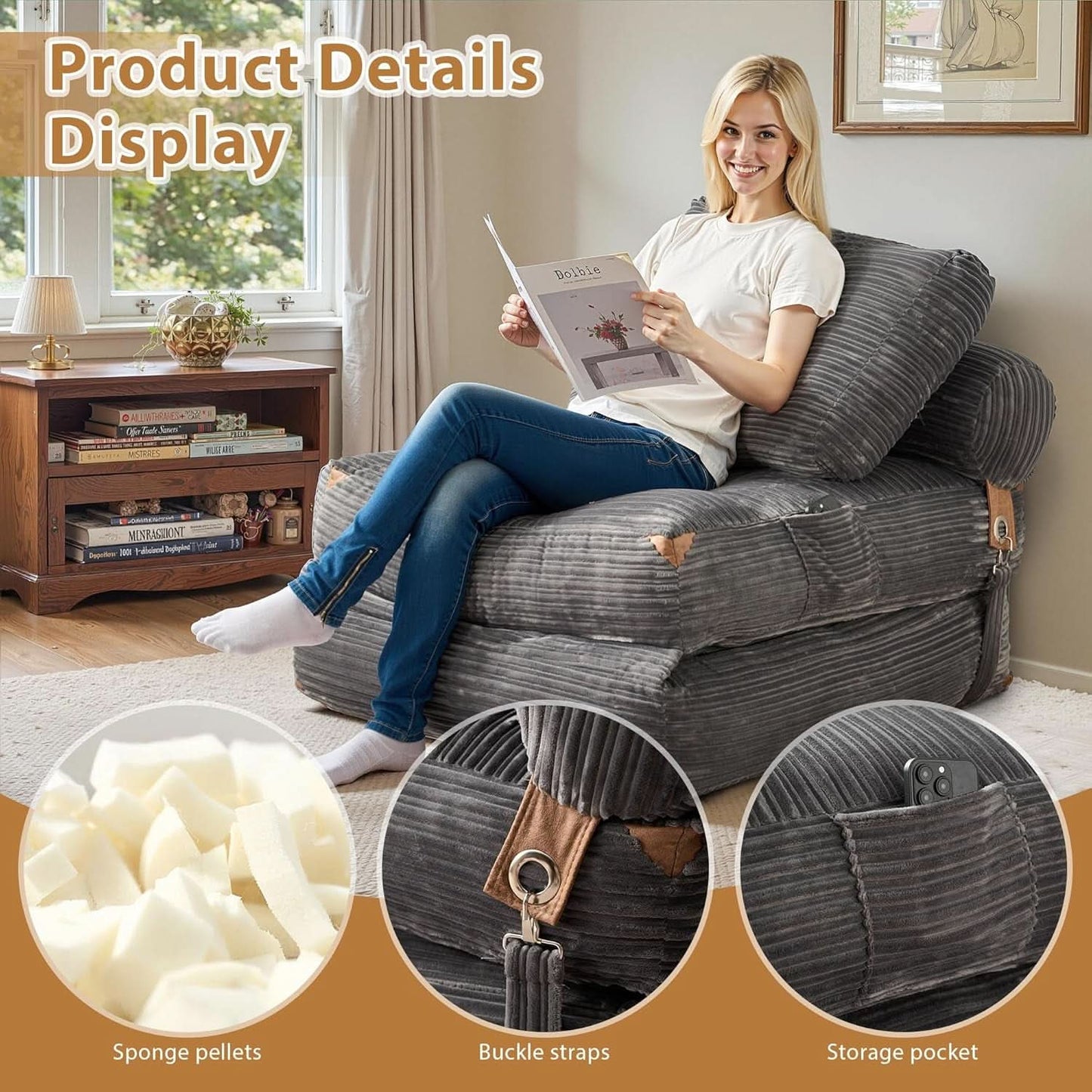 75Inch Grey Foldable Convertible Sofa Bed SleeperCouch