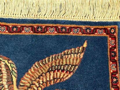 Pictorial Rug of American Flag with Bald Eagle, Small Indo Persian Pictorial Rug, Blue, Handmade, Very Fine 330 KPSI