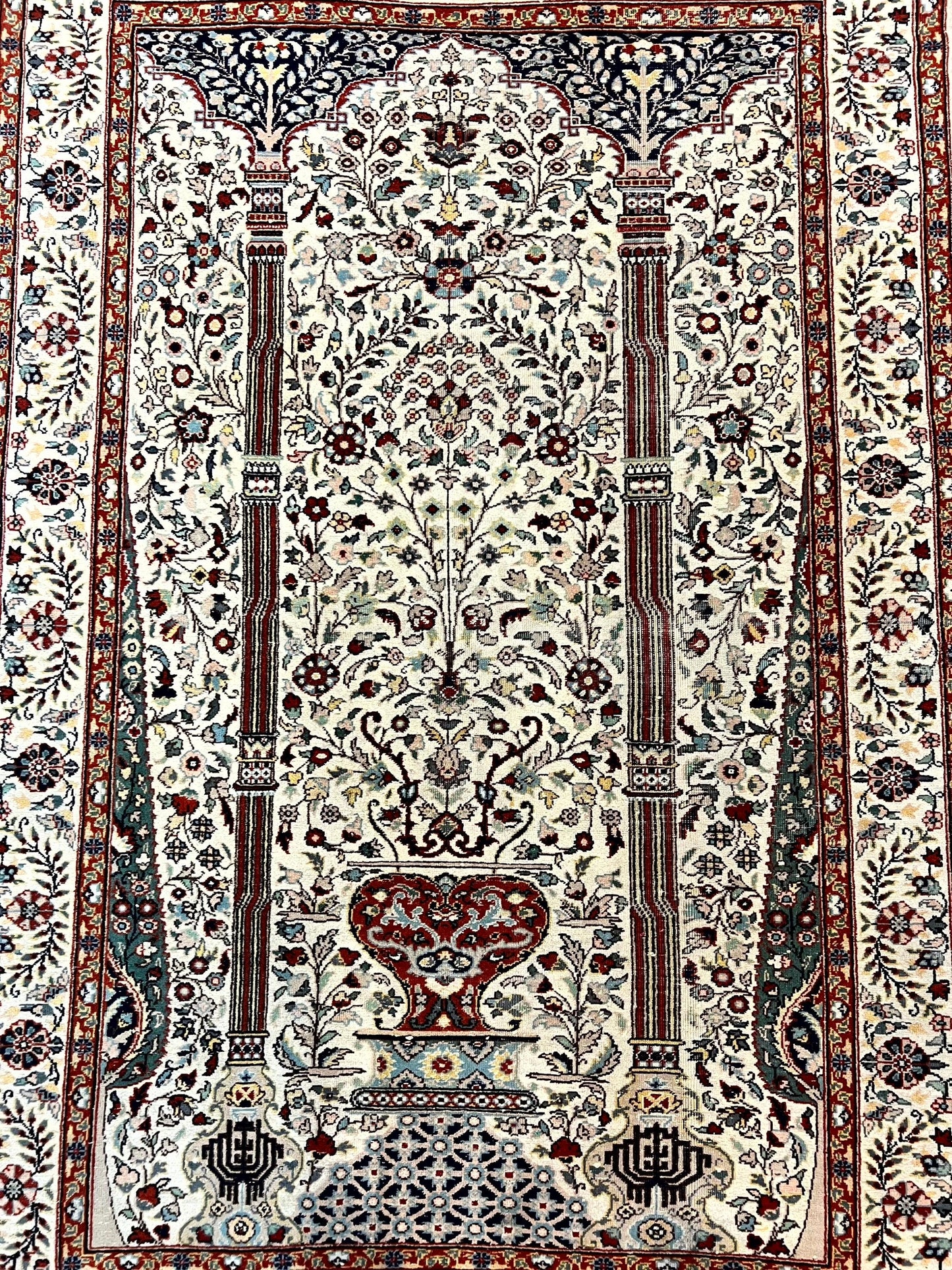 Pak Perisan Prayer Rug 4x6, Tree of LIfe Carpet, Handmade Vintage Wool Rug, Beige, Floral Vases