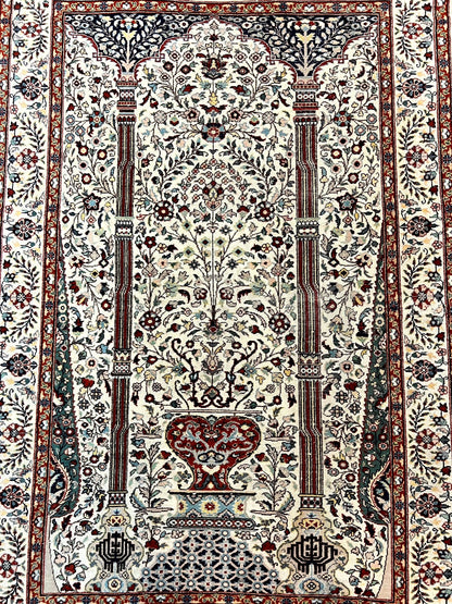 Pak Perisan Prayer Rug 4x6, Tree of LIfe Carpet, Handmade Vintage Wool Rug, Beige, Floral Vases
