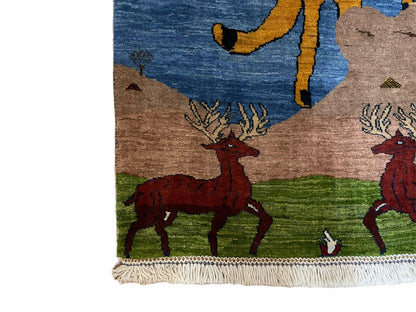 3 x 5 Handmade New Vintage Wool Blue Rug Leopard Lion Jaguar Deer Organic Dyes