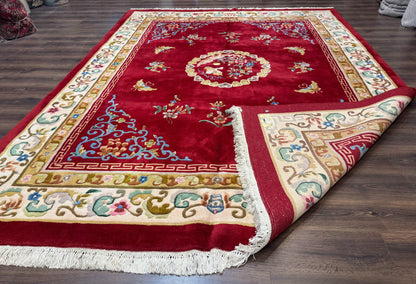 Indo Chinese Wool Rug 9x12, Red Art Deco Carpet, Vintage