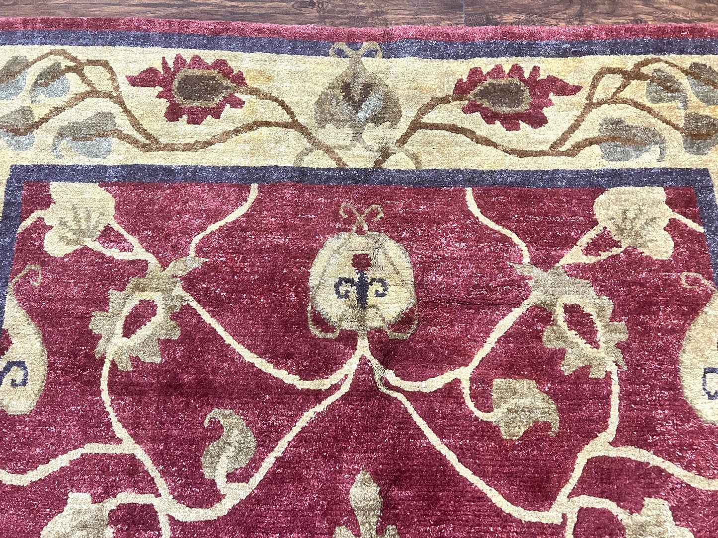 Tibetan Aubusson Rug 8x10, Maroon and Beige, Floral, Handmade, Wool, Vintage, Traditional Rug