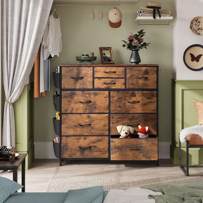 Dresser With 10 Drawers In Rustic Brown Wood Grain Finish