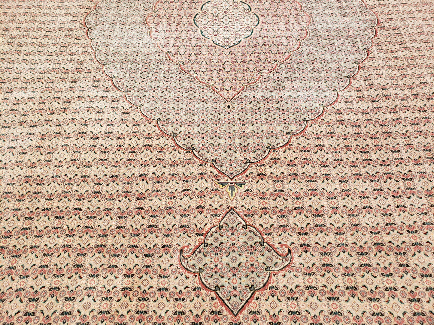 Stunning Oversized Sino Persian Oriental Rug 12x15, Hand Knotted Wool & Silk Palace Sized Carpet, Mahi Pattern, Very Fine, Peach Beige, Wow
