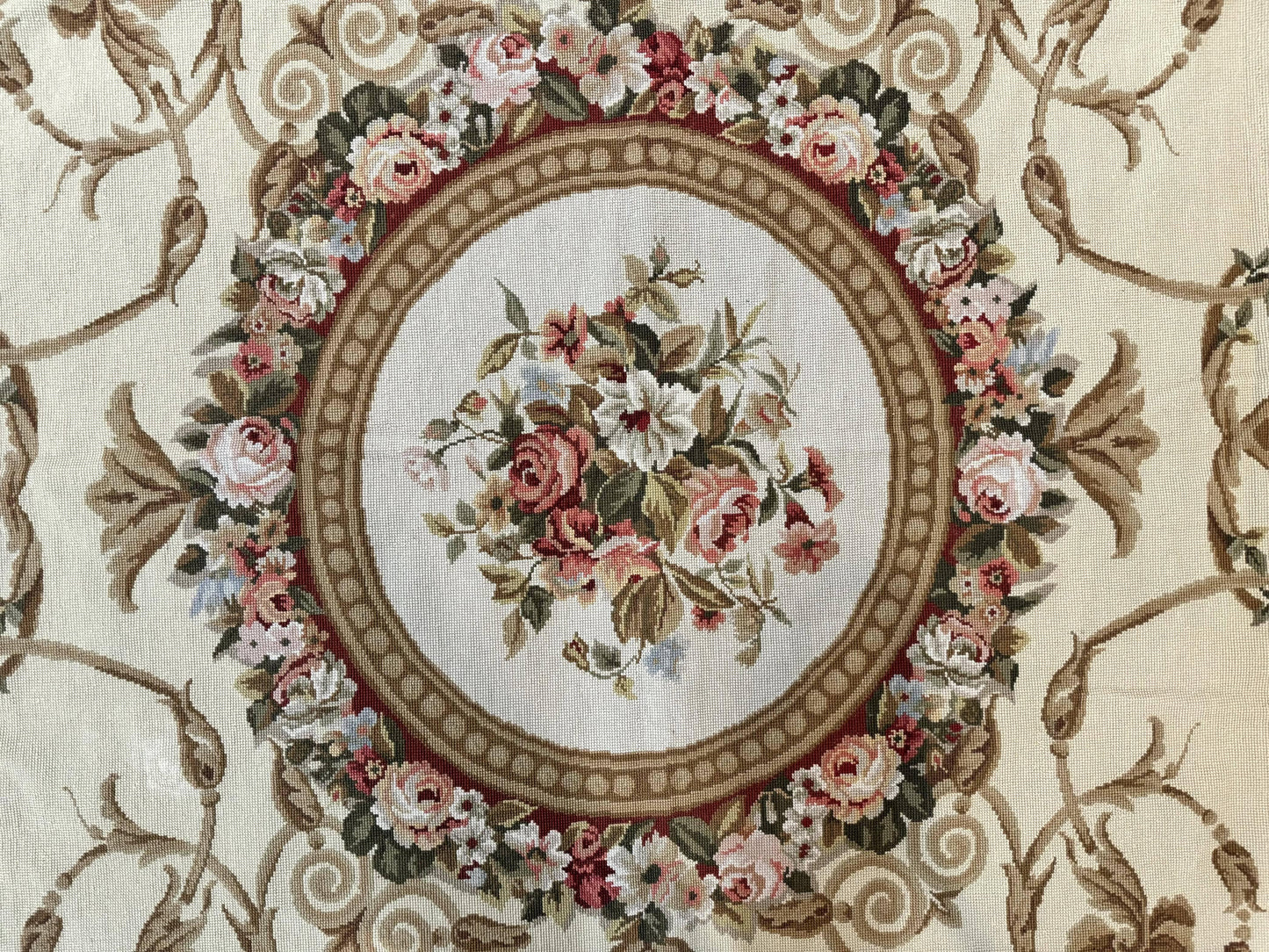 Aubusson Needlepoint Rug 9x11, Handmade Vintage Wool Flatweave Carpet, Elegant European Rug, Floral, Cream