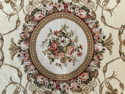 Aubusson Needlepoint Rug 9x11, Handmade Vintage Wool Flatweave Carpet, Elegant European Rug, Floral, Cream