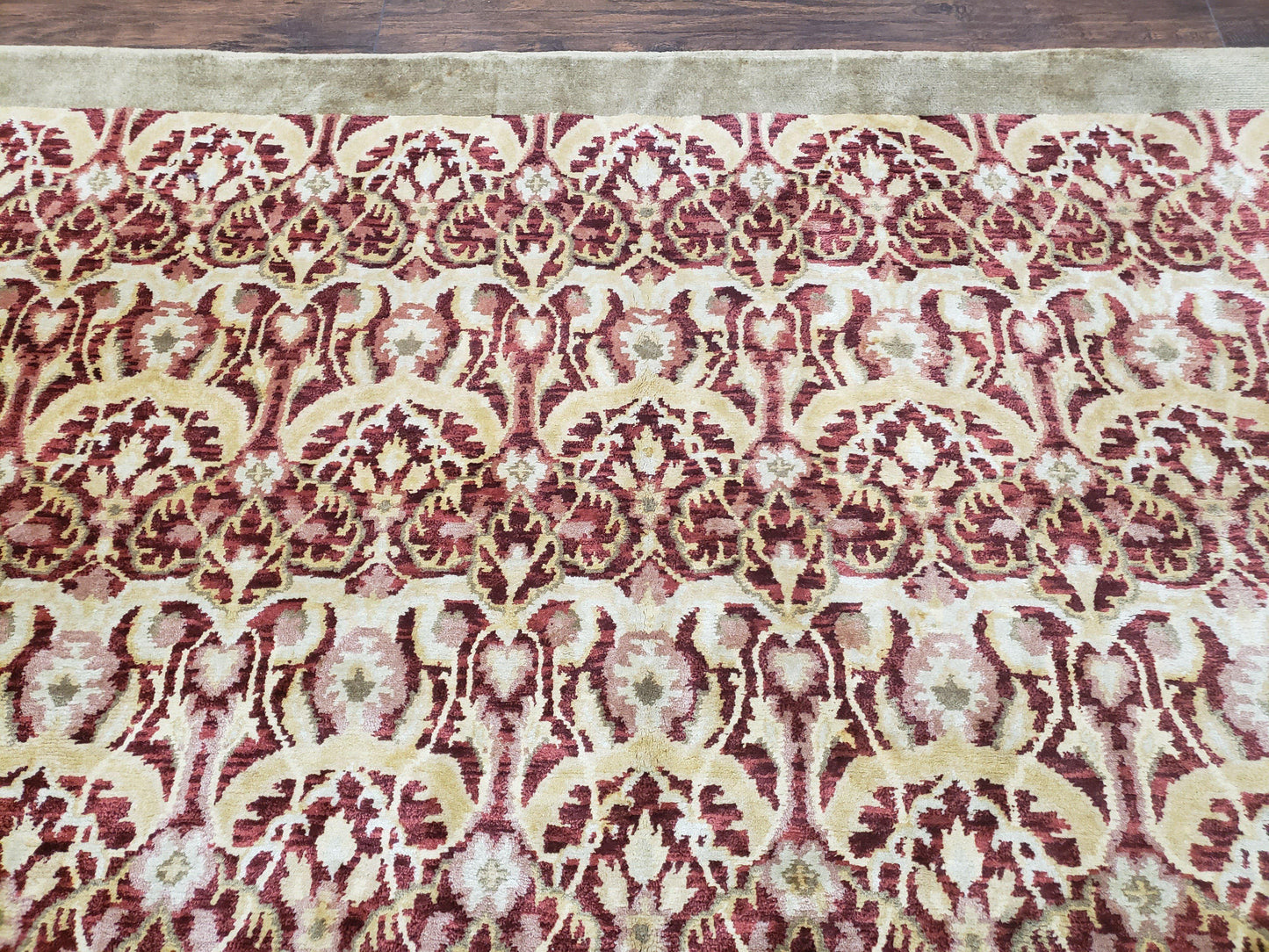 Contemporary Indian Nepalese Room Sized Rug 9 x 11.6, Wool Hand-Knotted Dark Red & Beige Soft Carpet, 9 x 12 Masterloom Living Room Rug