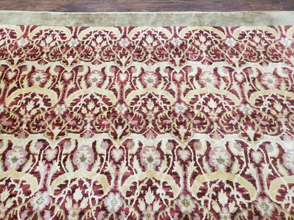 Contemporary Indian Nepalese Room Sized Rug 9 x 11.6, Wool Hand-Knotted Dark Red & Beige Soft Carpet, 9 x 12 Masterloom Living Room Rug