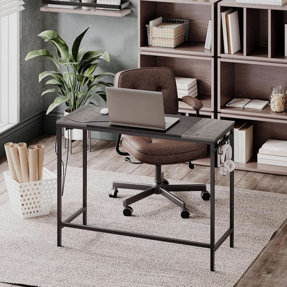 Charcoal Gray Computer Desk With Power Outlet And Hooks
