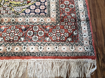 Vintage Silk Rug with Gold Threads, 5x8 Silk Oriental Carpet, Red Black Gold Hand-Knotted Fine Silk Real Gold Wire Threads Kashmiri Silk Rug