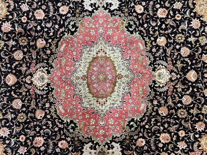 Magnificent Persian Tabriz Rug 11x16, Oversized Persian Carpet 11 x 16 ft, Wool on Silk Finely Hand Knotted, 450 KPSI, Floral Medallion, Black Pink