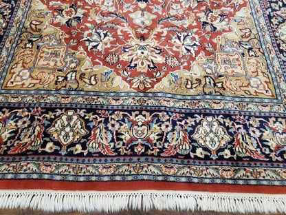 Vintage Indo Persian Oriental Rug 6 x 9.6, Wool Hand-Knotted Red Dark Blue & Gold Indian Carpet, 6 x 9 Office Room Rug, Floral Medallion