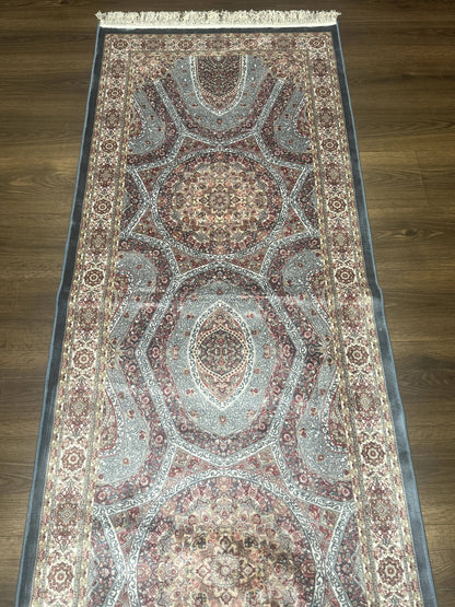 Turkish Silk Runner Rug 2.6 x 13, Blue Runner Rug, Dome Design, Bamboo Silk, New