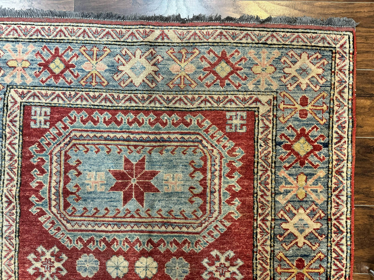 Turkish Kazak Rug 4x6, Handmade Vintage Wool Carpet, Geometric Design, Red and Light Blue