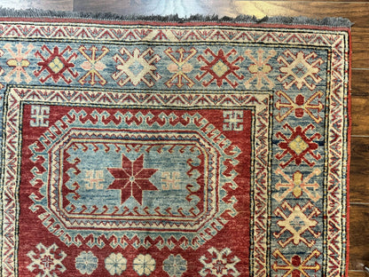 Turkish Kazak Rug 4x6, Handmade Vintage Wool Carpet, Geometric Design, Red and Light Blue