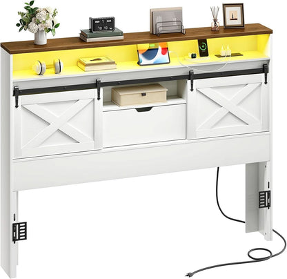 Farmhouse Queen Headboard with Storage and Charging Station