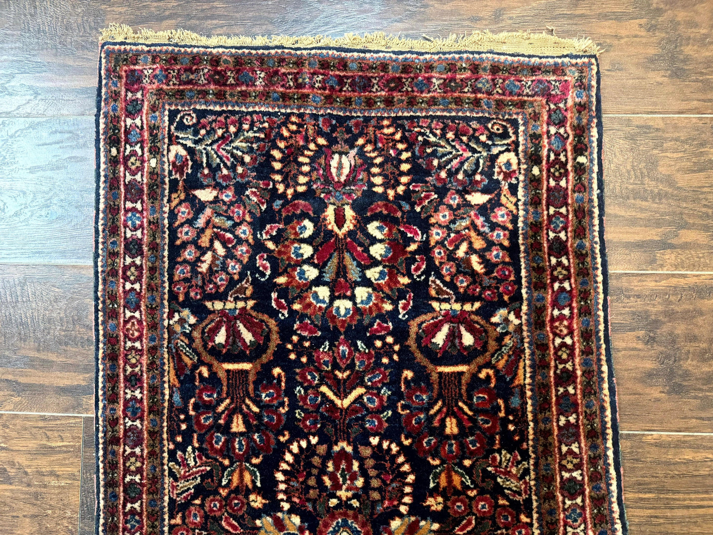 Small Navy Blue Persian Rug 2x4, Sarouk Rug, Rare Colors, Antique 1920s Wool Rug