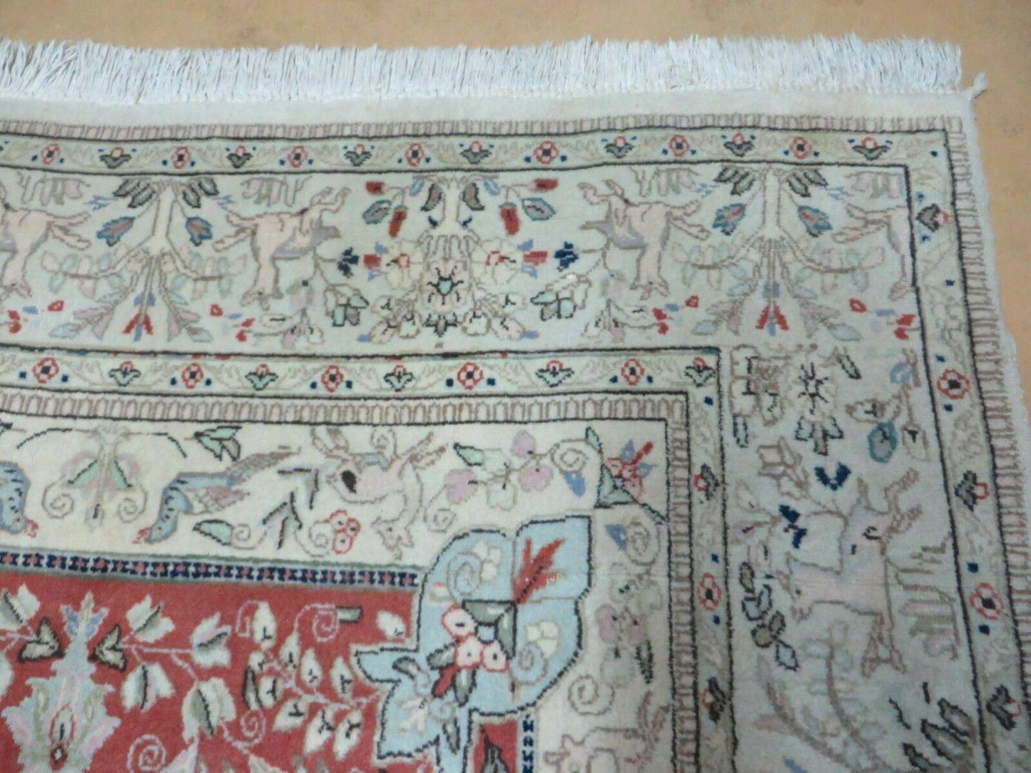 6' X 9' Vintage Handmade India Oriental Floral Wool Rug Hunting Bird Deer Nice