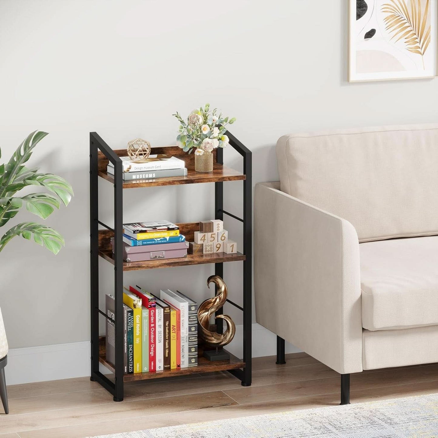 3 Tier Wooden Bookshelf With Edge Protection Vintage Brown