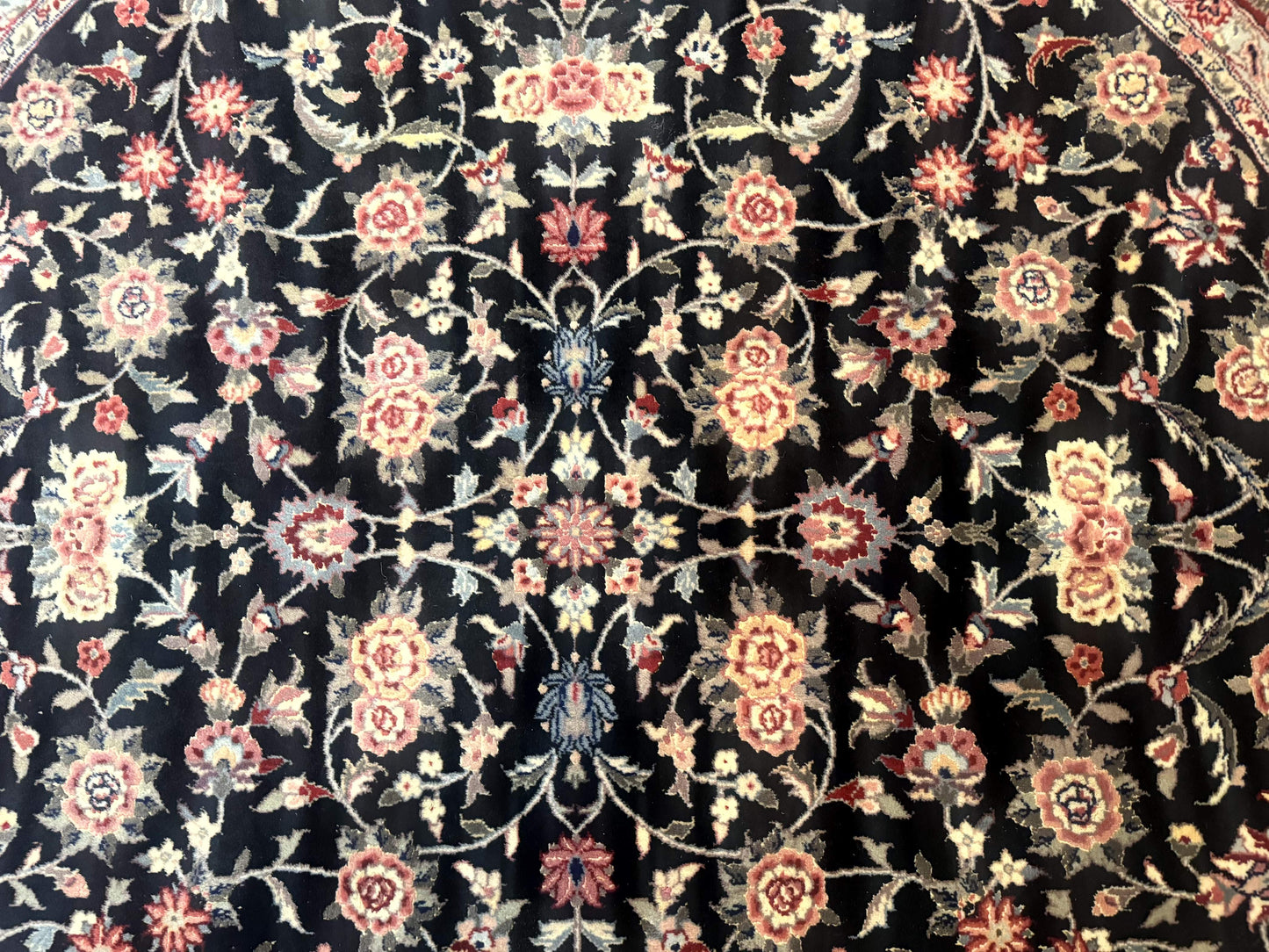 Round Sino Persian Rug 6x6, Floral, Navy Blue and Red, Wool and Silk Highlights