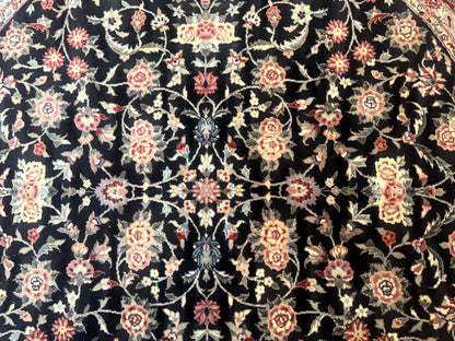 Round Sino Persian Rug 6x6, Floral, Navy Blue and Red, Wool and Silk Highlights