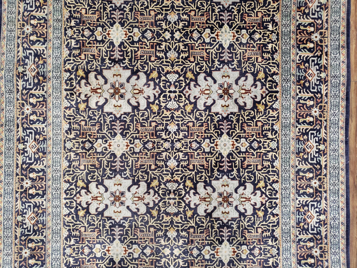 Semi-Antique Persian Kashan Rug, Midnight Blue & Ivory, Hand-Knotted, Wool, 4' 8" x 7' 4", Pair A
