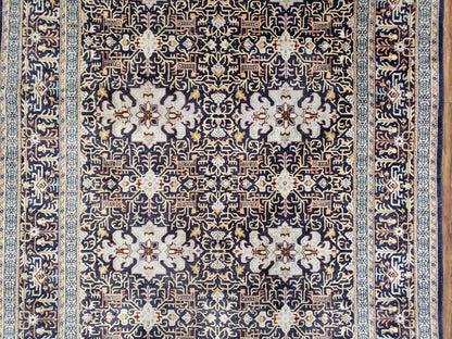 Semi-Antique Persian Kashan Rug, Midnight Blue & Ivory, Hand-Knotted, Wool, 4' 8" x 7' 4", Pair A