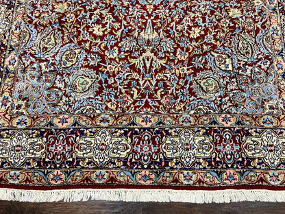 Persian Rug 7x10, Kirman Oriental Carpet 7 x 10 ft, Hand Knotted Wool Floral Medallion Semi Antique Persian Rug, Dark Red Light Blue Vintage