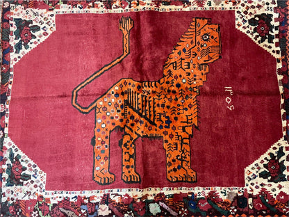 5 X 6 Handmade Rug Zagros Quality Wool Rug Lion Organic Dyes Red Leopard Tribal