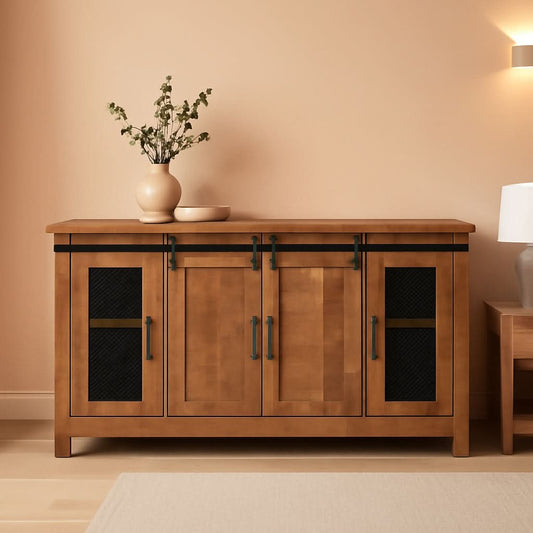 65 Inch Solid Wood TV Stand Honey Tobacco With Rustic Doors