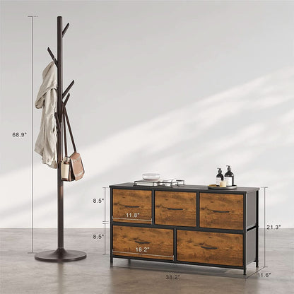 Rustic Wood 5 Drawer Dresser For Bedroom Storage Cabinet