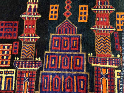 Balouch Rug 3x5, City Pictorial, Afghan Rug